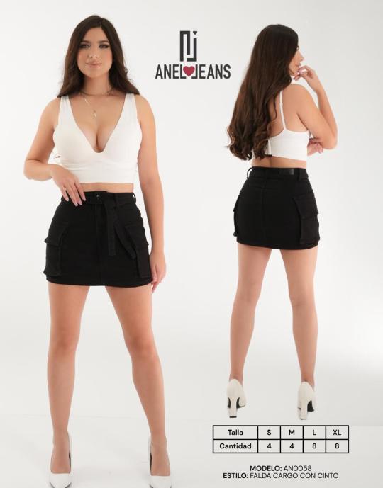 FALDA ANEL JEANS CARGO AN0058 PAQUETE 12 PIEZAS $294 LA PZA (2 en talla S, 2 en talla M, 4 talla L, 4 talla XL)